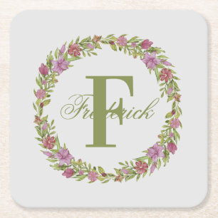 Personalisiertes rosa grünes florales Nachname Mon Rechteckiger Pappuntersetzer