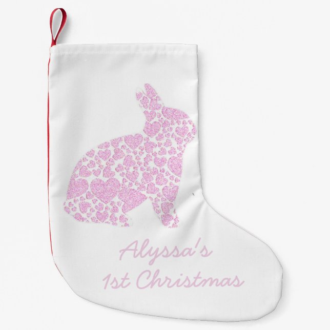 Personalisiertes rosa Häschen-erster Kleiner Weihnachtsstrumpf (Vorderseite)