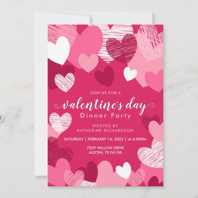 Personalisiertes Rosa Herz Valentins Abendessen Pa Einladung (Vorderseite)