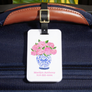 Personalisiertes rosa Hydrangeen-Chinoiserie-Vase Gepäckanhänger
