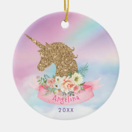 Personalisiertes Rosa & Imitate Gold Glitzer Einho Keramik Ornament