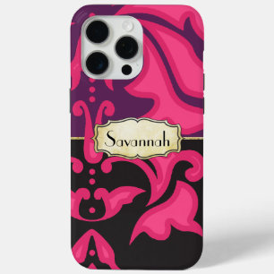 Personalisiertes rosa Lila schwarzes Damaskusmuste iPhone 15 Pro Max Hülle