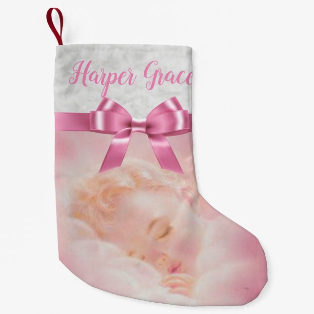 Personalisiertes rosa Mädchen-Baby-Schlafen Kleiner Weihnachtsstrumpf (Vorderseite)