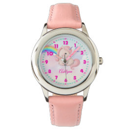 Personalisiertes Rosa Mädchen Wasserfarbe Regenbog Armbanduhr