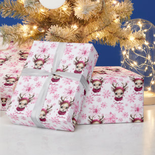 Personalisiertes rosa Rentiermuster und Schneefloc Geschenkpapier
