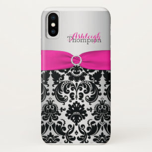 Personalisiertes rosa, schwarzes, silbernes Damast iPhone X Hülle