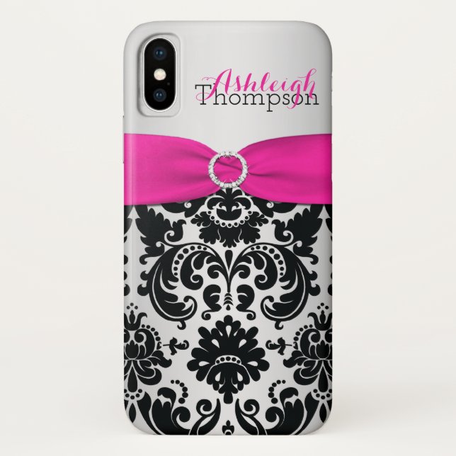 Personalisiertes rosa, schwarzes, silbernes Damast Case-Mate iPhone Hülle (Rückseite)