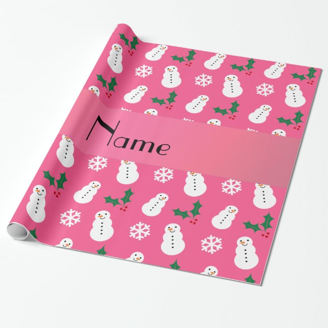 Personalisiertes rosa Snowmannamensweihnachten Geschenkpapier (Ungerollt)
