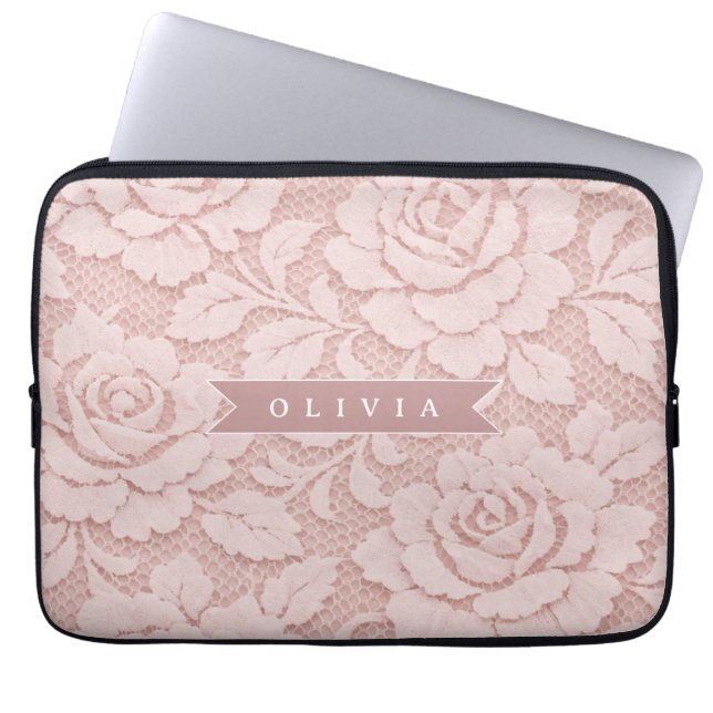 Personalisiertes Rosa Spitze Blumen Romantisch Laptopschutzhülle (Vorderseite)