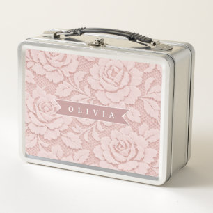 Personalisiertes Rosa Spitze Blumen Romantisch Metall Brotdose