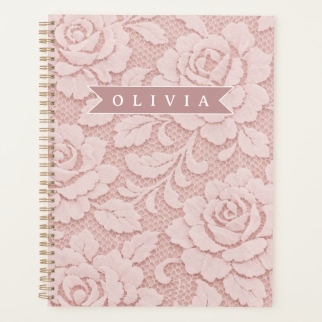 Personalisiertes Rosa Spitze Blumen Romantisch Planer (Vorderseite)