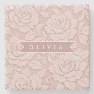 Personalisiertes Rosa Spitze Blumen Romantisch Steinuntersetzer
