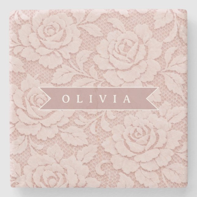 Personalisiertes Rosa Spitze Blumen Romantisch Steinuntersetzer (Vorderseite)