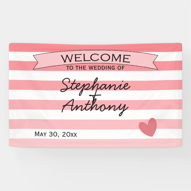 Personalisiertes Rosa Streifen Ombre Hochzeit Banner (Horizontal)