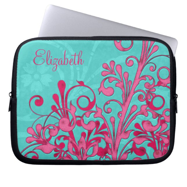 Personalisiertes Rosa und Aqua Floral Laptop-Sieb Laptopschutzhülle (Vorderseite)