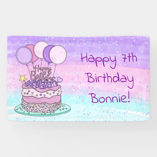 Personalisiertes Rosa und Lila Geburtstagsparty Banner (Horizontal)