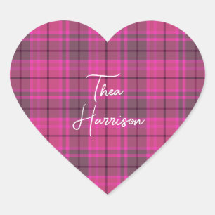 Personalisiertes Rosa und lila kariertes Tartan Herz-Aufkleber