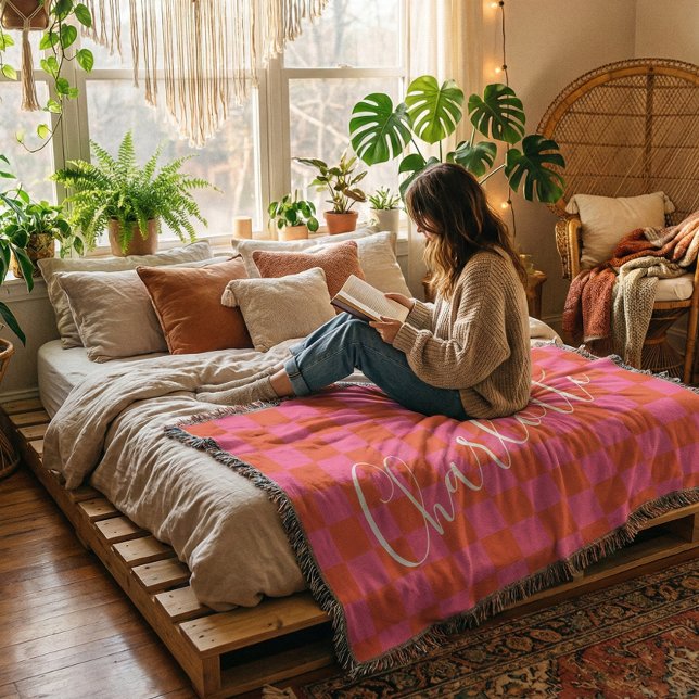 Personalisiertes rosa und orangefarbenes Prüfmuste Decke (Von Creator hochgeladen)