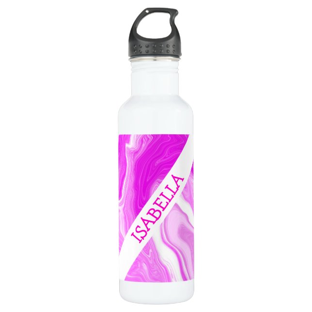 Personalisiertes Rosa und Weiß-Marmor-Fluid Art Edelstahlflasche (Vorderseite)