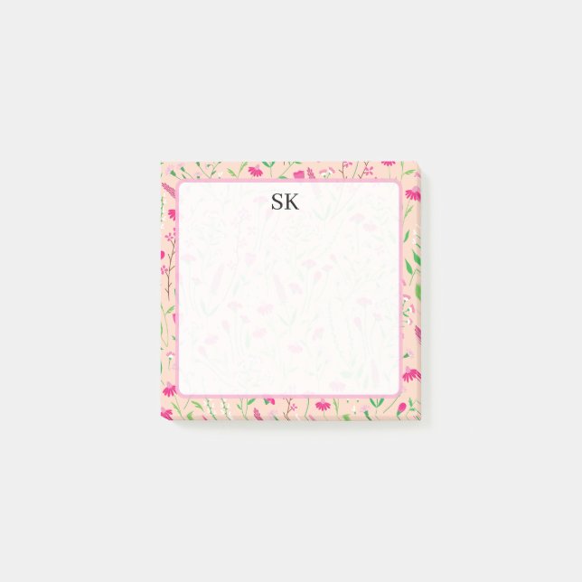 Personalisiertes rosa Wildblumen-Monogramm Post-it Klebezettel (Vorderseite)
