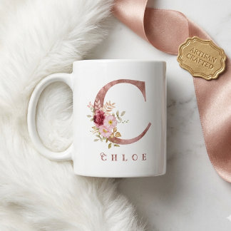 Personalisiertes Roségold-Blumen-Initial C Monogra Kaffeetasse