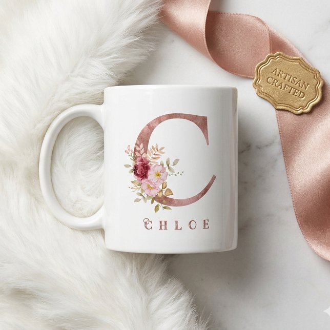 Personalisiertes Roségold-Blumen-Initial C Monogra Kaffeetasse (Von Creator hochgeladen)