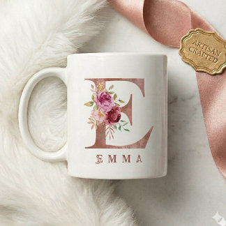 Personalisiertes Roségold-Blumen-Initial E Monogra Kaffeetasse