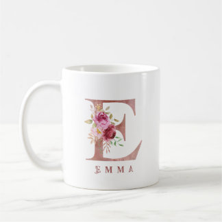 Personalisiertes Roségold-Blumen-Initial E Monogra Kaffeetasse