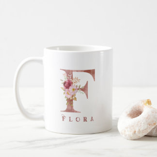 Personalisiertes Roségold-Blumen-Initial F Monogra Kaffeetasse
