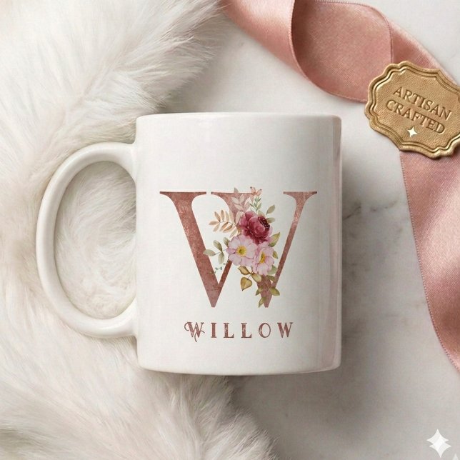 Personalisiertes Roségold-Blumen-Initial W Monogra Kaffeetasse (Von Creator hochgeladen)