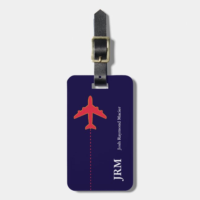 personalisiertes rot/blau reisendes Flugzeug Gepäckanhänger (Vorderseite vertikal)