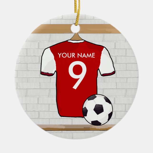 Personalisiertes Rot mit weißem Fußball-Fußball Keramikornament (Vorne)
