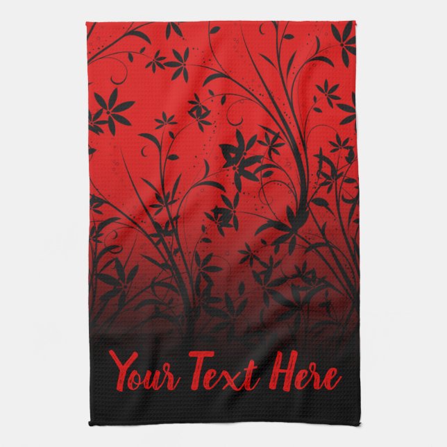 Personalisiertes Rot und Schwarz Ombre Floral Geschirrtuch (Vertikal)