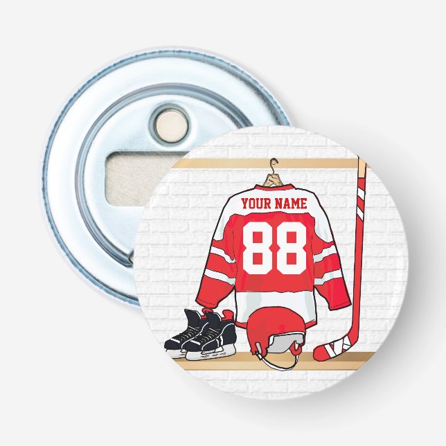 Personalisiertes Rot-Weiß-Eishockey Jersey Flaschenöffner (Vorderseite)