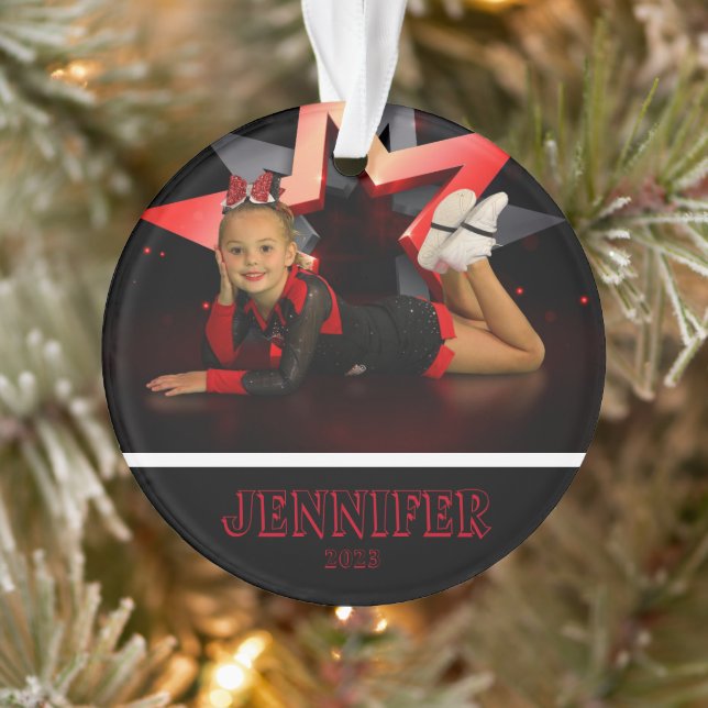 Personalisiertes Rotes Foto Cheerleader Ornament (Baum)
