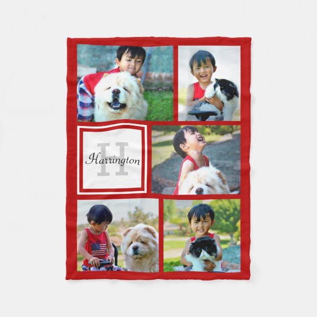 Personalisiertes Rotes Foto Collage Mit Monogramm  Fleecedecke (Vorderseite)