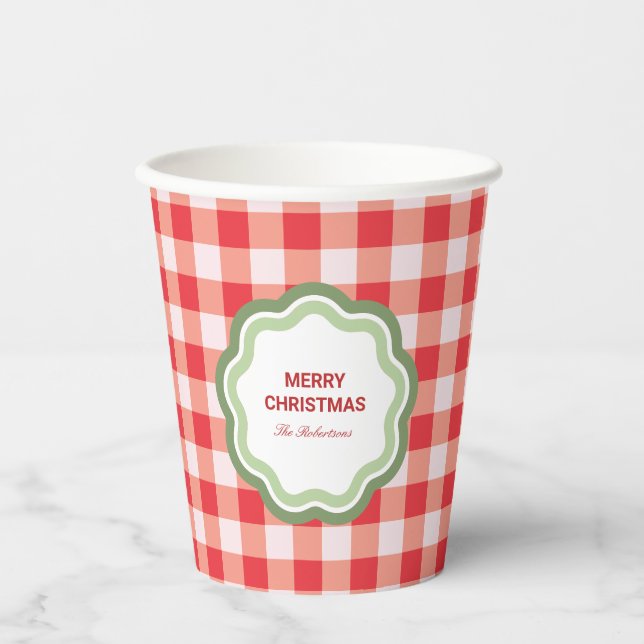 Personalisiertes rotes Gingham mit wellenförmigem  Pappbecher (Vorderseite)
