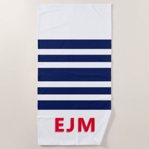 Personalisiertes Rotes Monogramm aus blauem Streif Strandtuch
