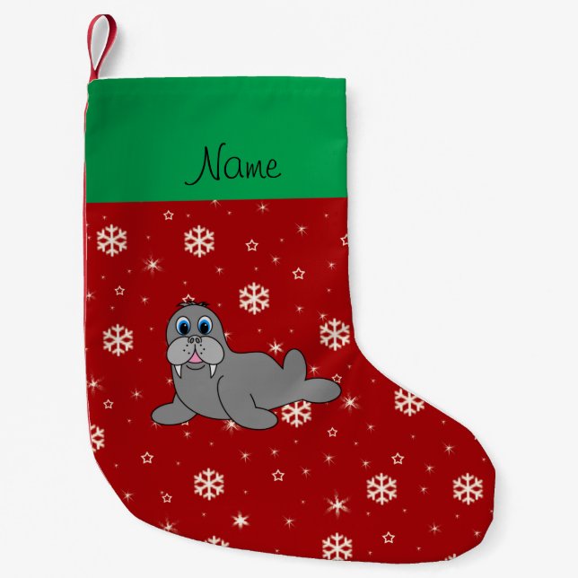Personalisiertes rotes Schneeflockenamenswalroß Kleiner Weihnachtsstrumpf (Vorderseite)