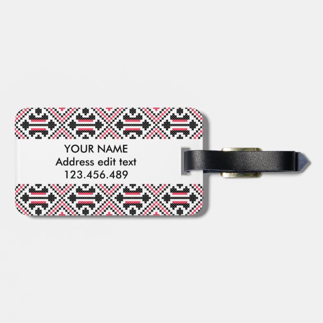Personalisiertes rotes und schwarzes Kreuzstich-Mu Gepäckanhänger (Rückseite horizontal)