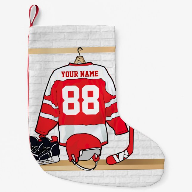 Personalisiertes rotes und weißes Eis-Hockey Kleiner Weihnachtsstrumpf (Vorderseite)