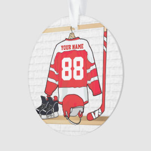 Personalisiertes rotes und weißes Eis-Hockey Ornament