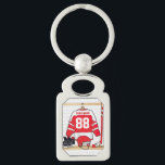 Personalisiertes rotes und weißes Eis-Hockey Schlüsselanhänger<br><div class="desc">Ein einzigartiger und Spaßsport entwirft mit einem personalisierten Eishockey Jersey, der in einem Schließfachraum mit einem Sturzhelm, Eis-Skaten und einem Hockeystock hängt. Der Jersey kann mit der Zahl und dem Namen Ihrer Wahl völlig personalisiert sein, zum eines großen Geschenks für jeden möglichen Eishockeyfan, Eishockeytrainer oder Eishockeyspieler zu machen. Anderes färbt...</div>