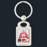Personalisiertes rotes und weißes Eis-Hockey Schlüsselanhänger<br><div class="desc">Ein einzigartiger und Spaßsport entwirft mit einem personalisierten Eishockey Jersey, der in einem Schließfachraum mit einem Sturzhelm, Eis-Skaten und einem Hockeystock hängt. Der Jersey kann mit der Zahl und dem Namen Ihrer Wahl völlig personalisiert sein, zum eines großen Geschenks für jeden möglichen Eishockeyfan, Eishockeytrainer oder Eishockeyspieler zu machen. Anderes färbt...</div>