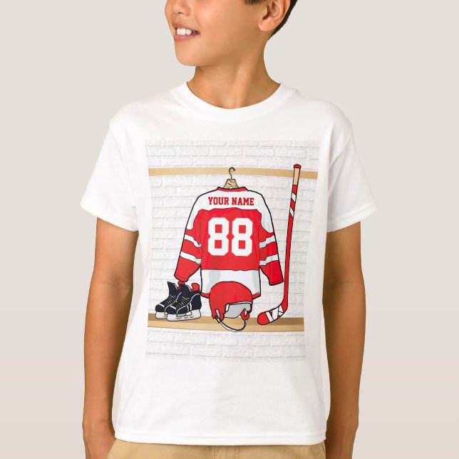 Personalisiertes rotes und weißes Eis-Hockey T-Shirt (Vorderseite)
