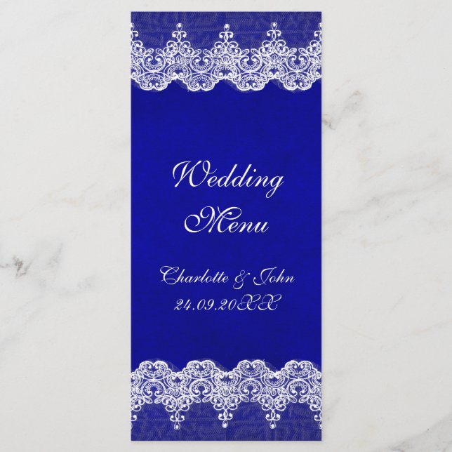 Personalisiertes Royal Cobalt Lace Wedding Menu Menükarte (Vorderseite)