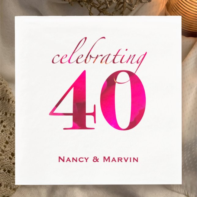 Personalisiertes Ruby 40-jähriges Hochzeitsjubiläu Serviette (Add couples names to these vibrant ruby red pink floral custom 40th anniversary party napkins
)