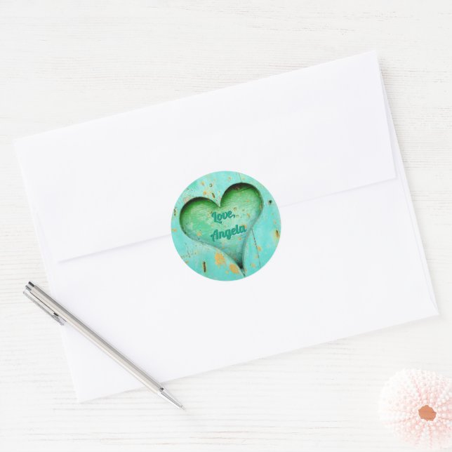Personalisiertes Rustikales Aqua Green Heart Runder Aufkleber (Umschlag)