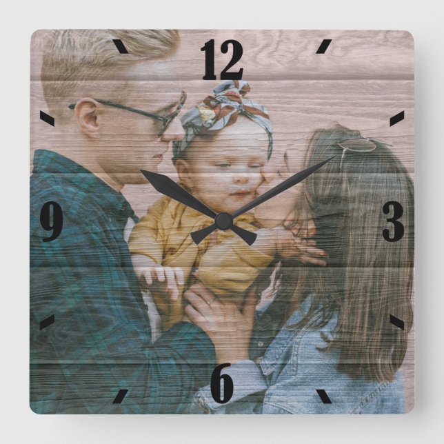 Personalisiertes rustikales Foto Quadratische Wanduhr (Vorderseite)