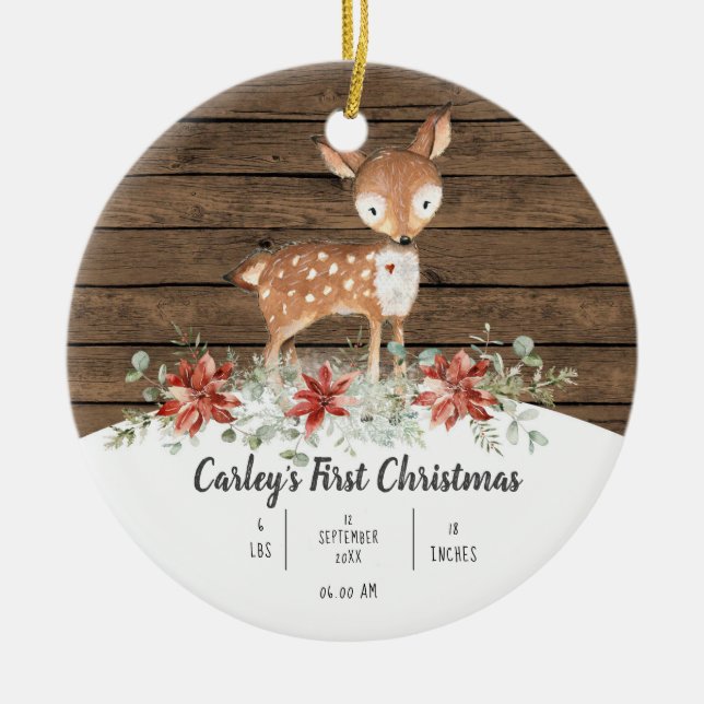 Personalisiertes Rustikales Hirschbaby Erste Weihn Keramik Ornament (Vorne)